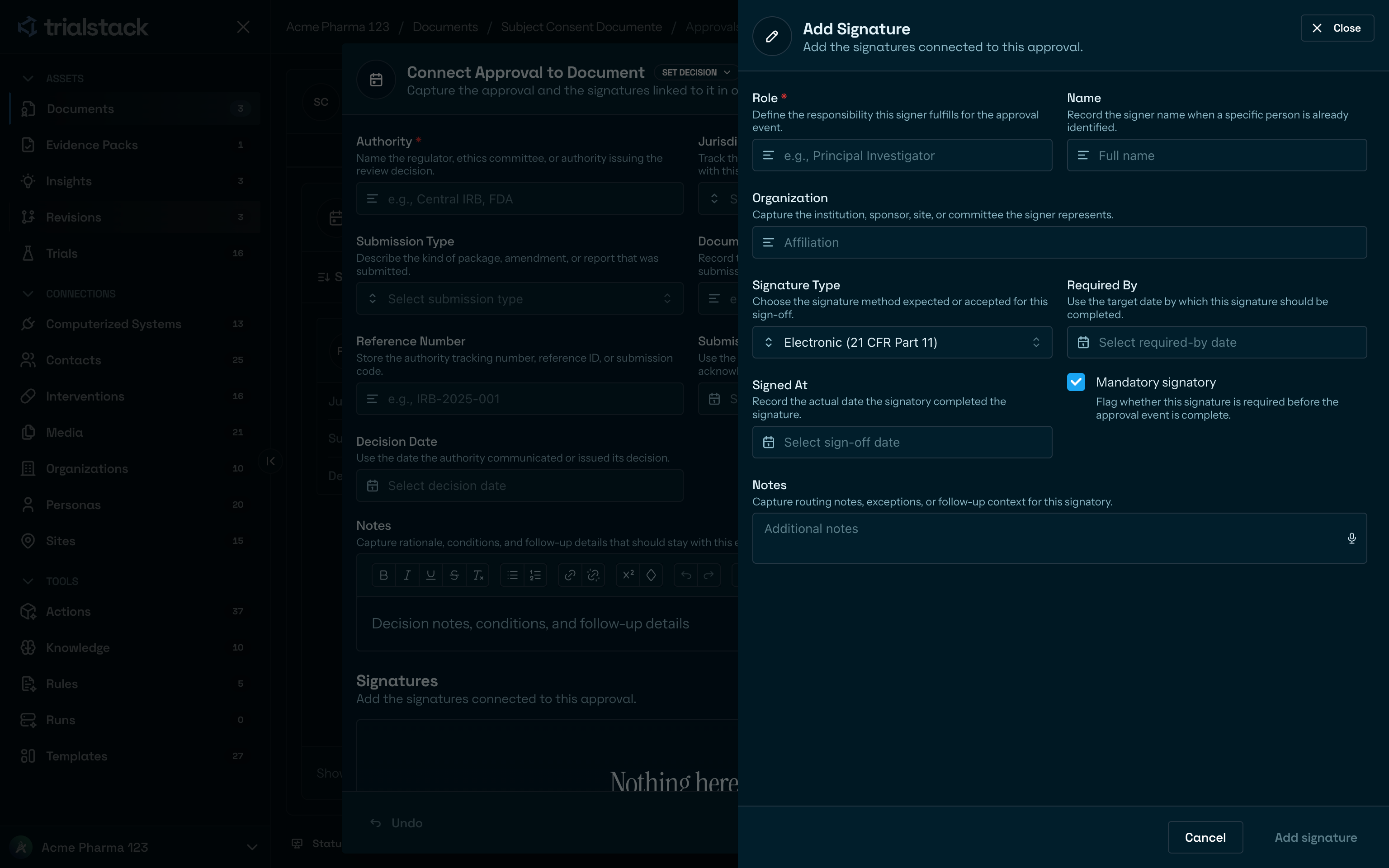 Add signature dialog for a document approval in dark mode.