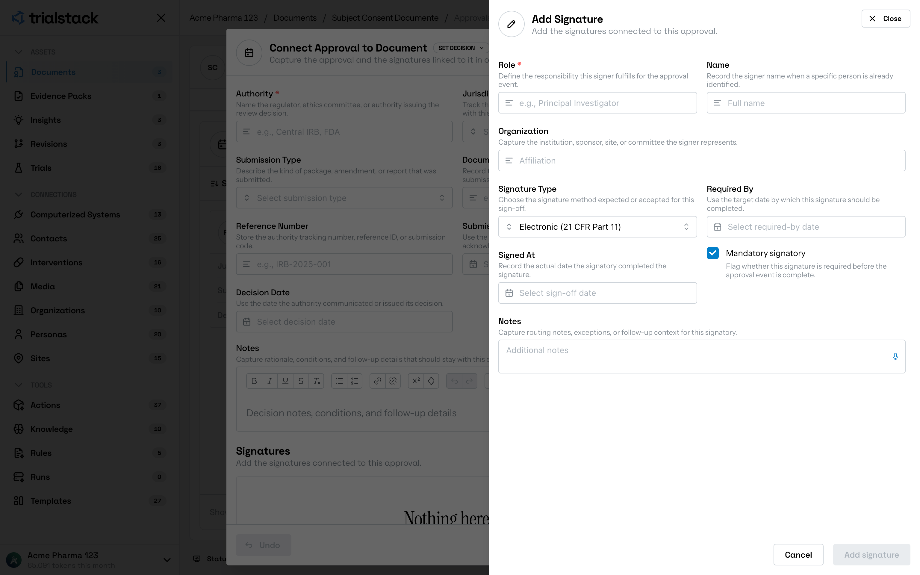 Add signature dialog for a document approval in light mode.
