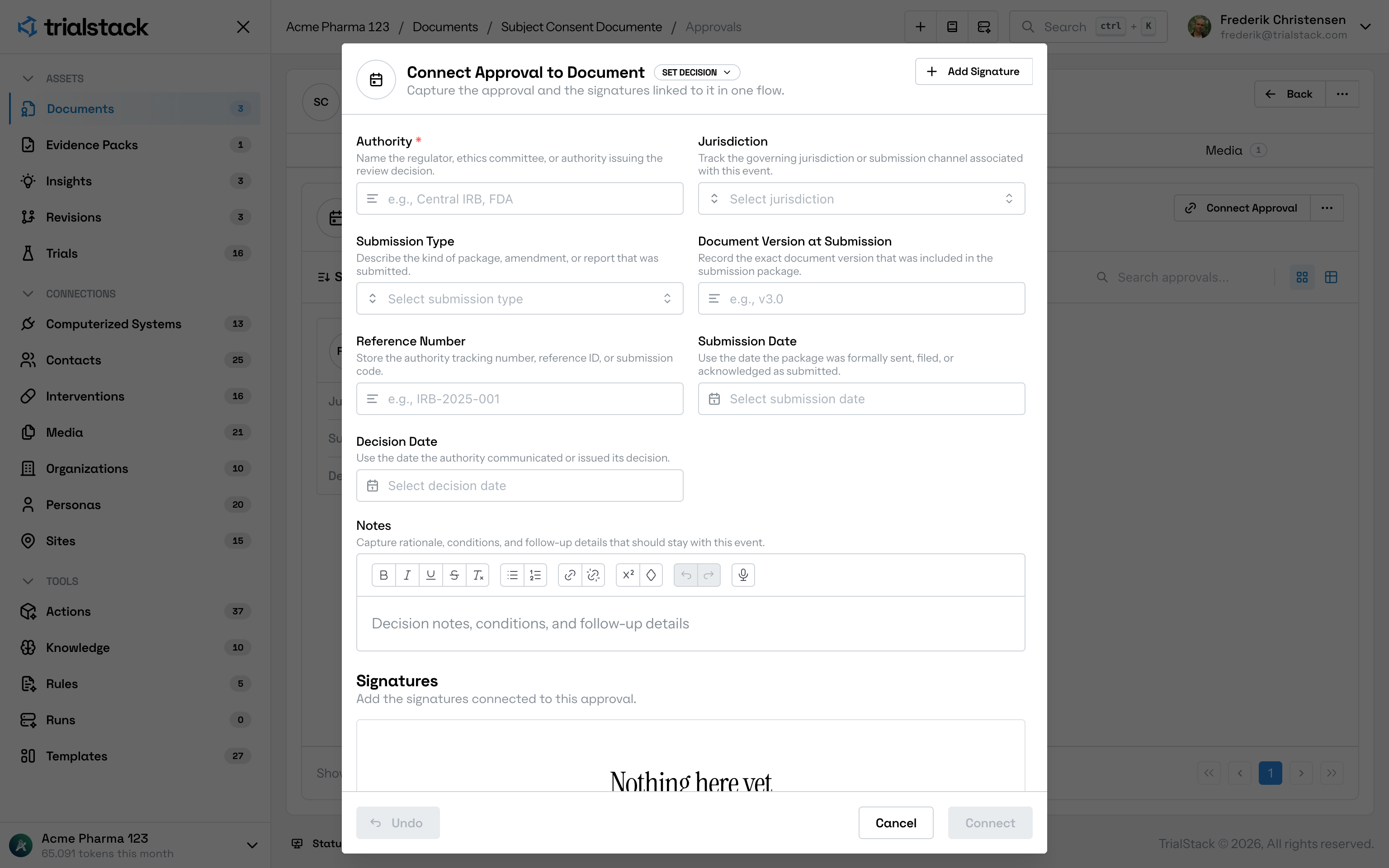 Connect approval to document dialog in light mode.