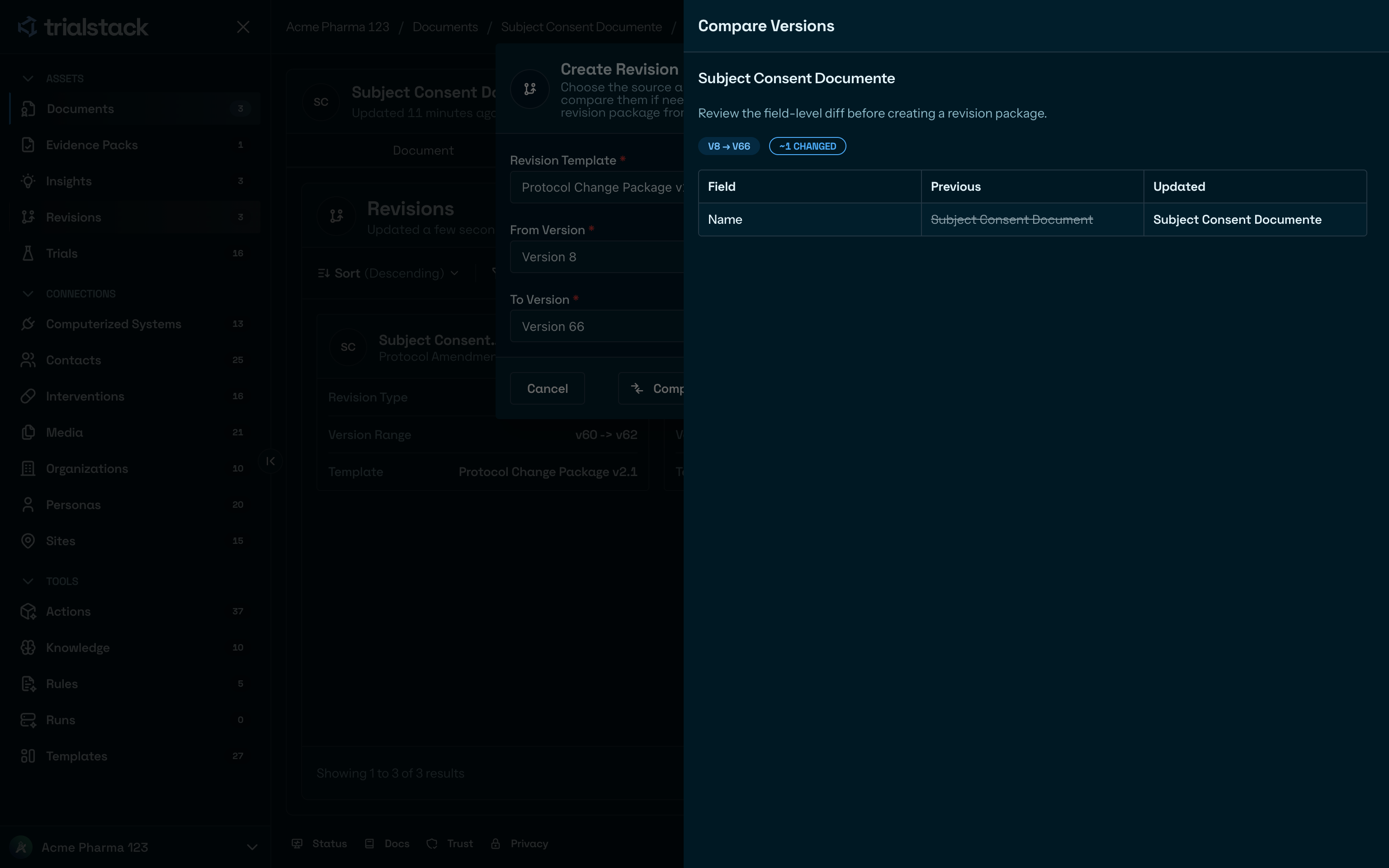 Compare versions panel showing field-level differences before creating a revision package in dark mode.