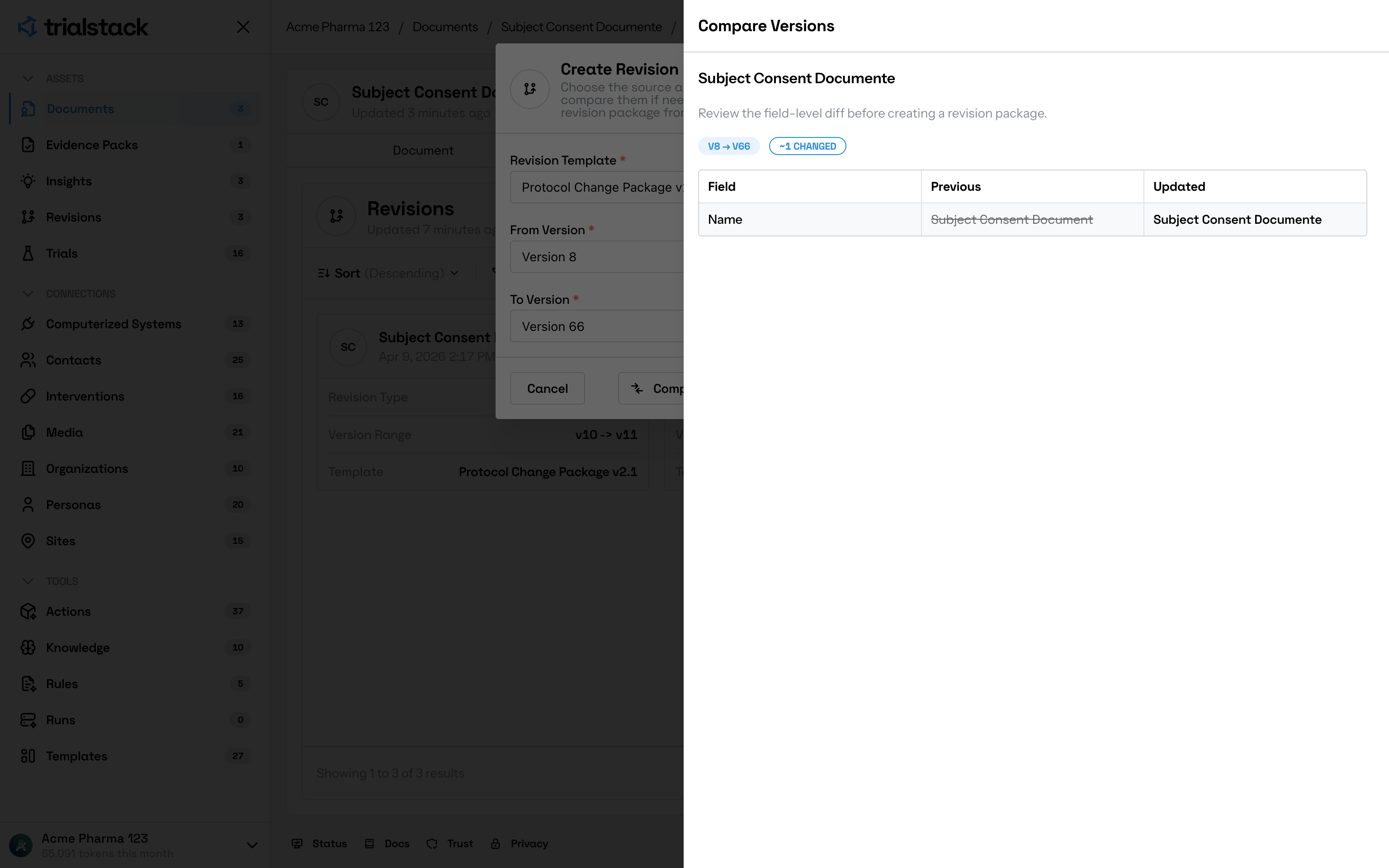 Compare versions panel showing field-level differences before creating a revision package in light mode.