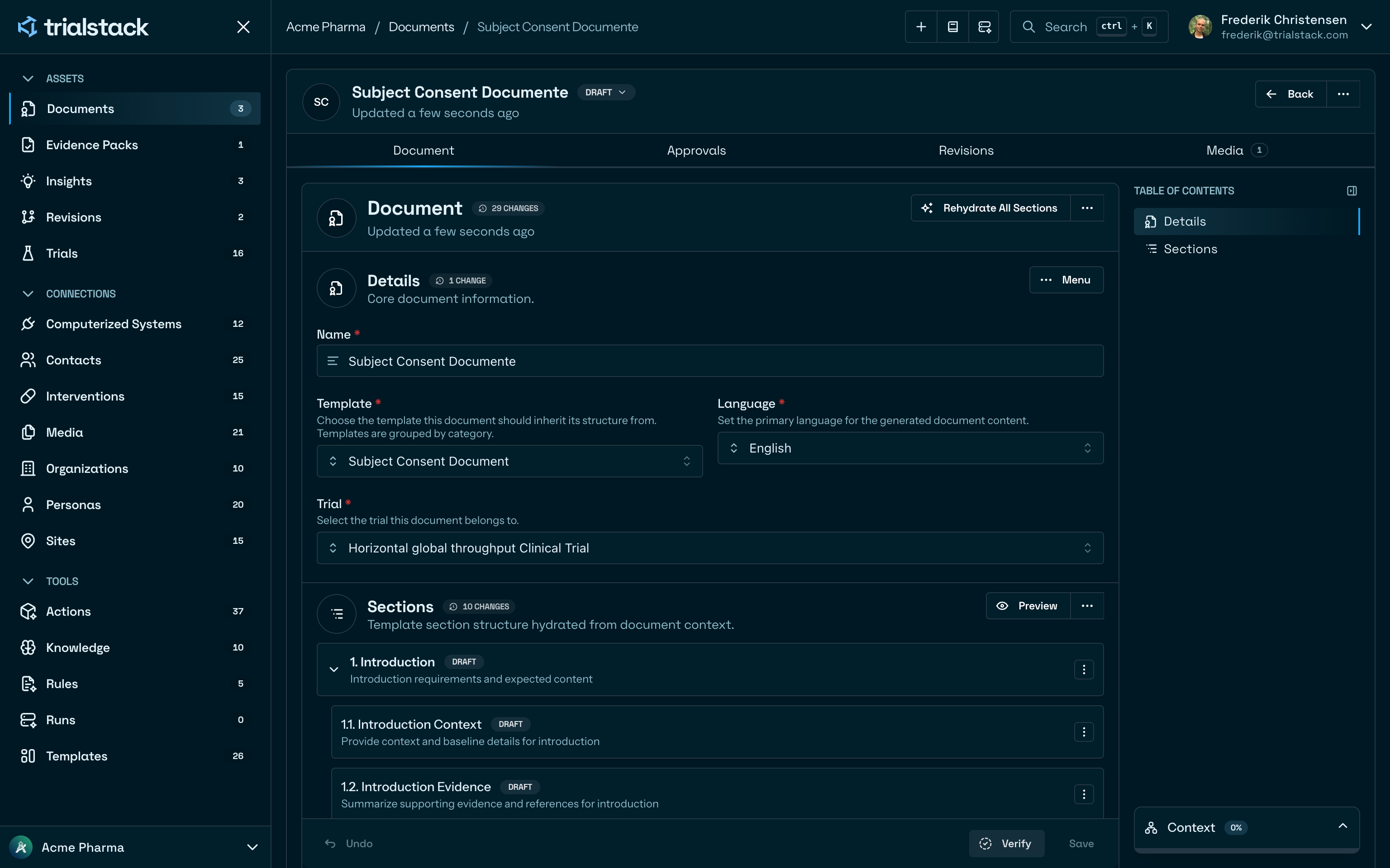 Document page showing the Details and Sections surfaces in dark mode.