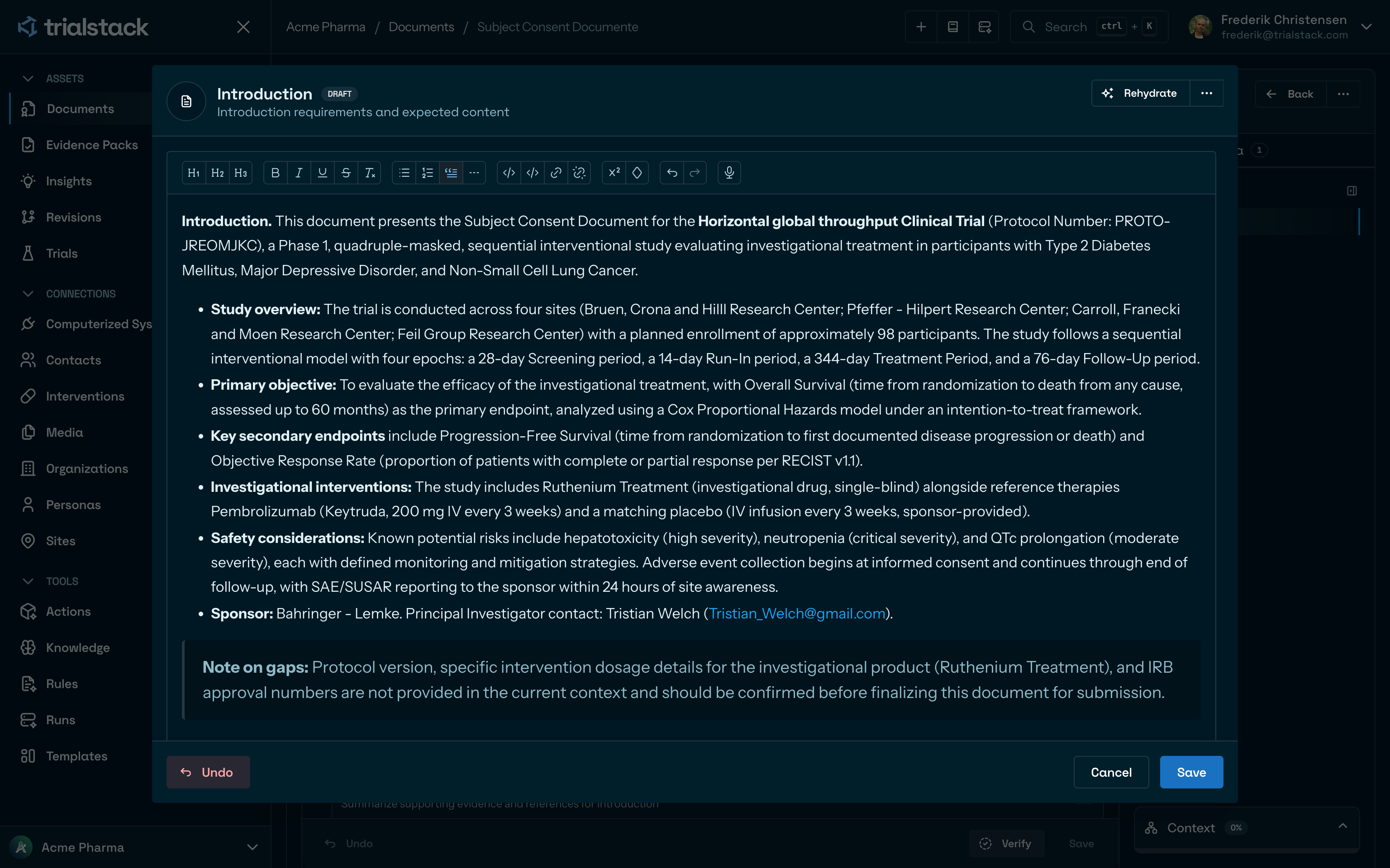Document section editor showing the Introduction section in dark mode.