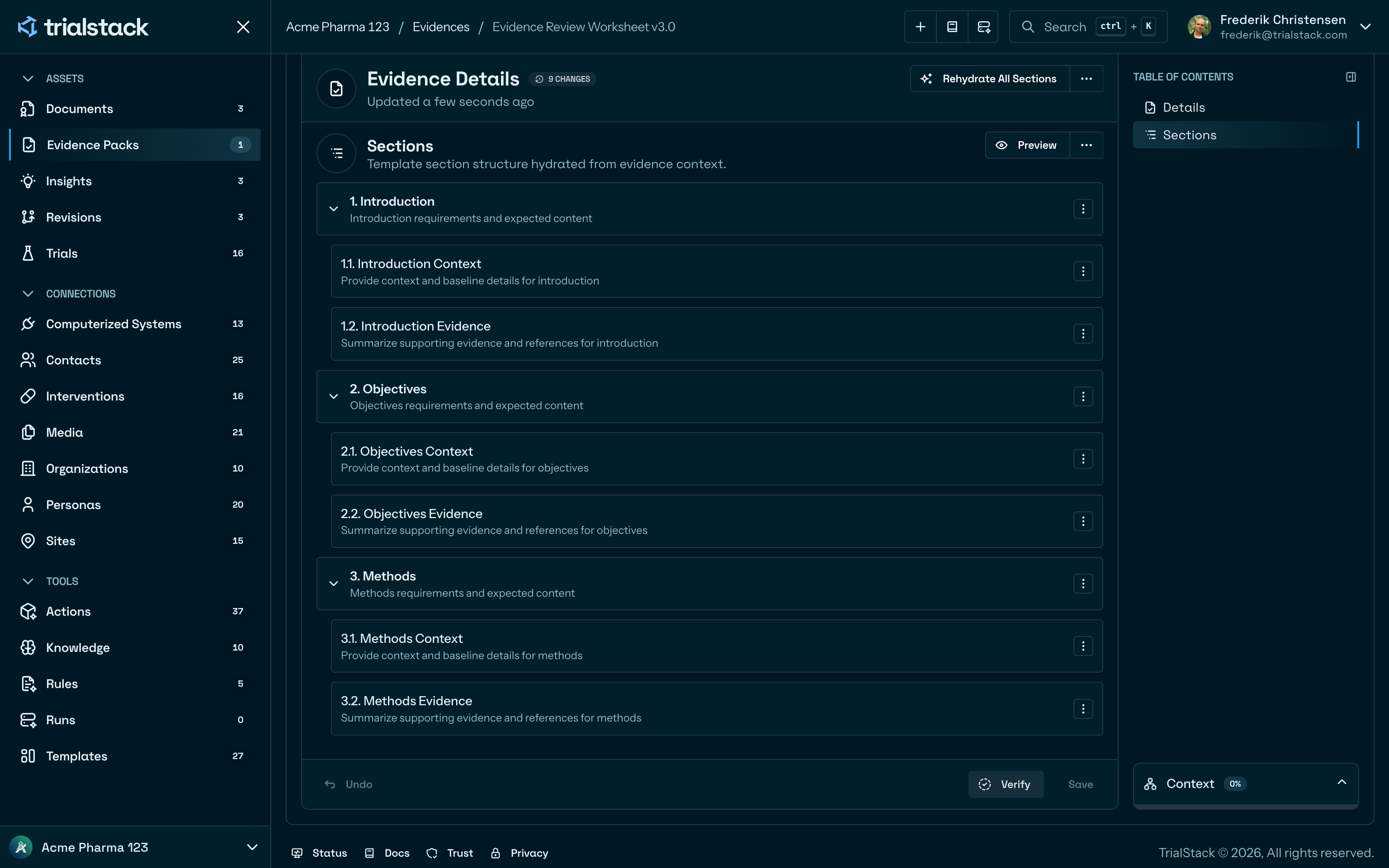 Evidence pack sections view in dark mode.