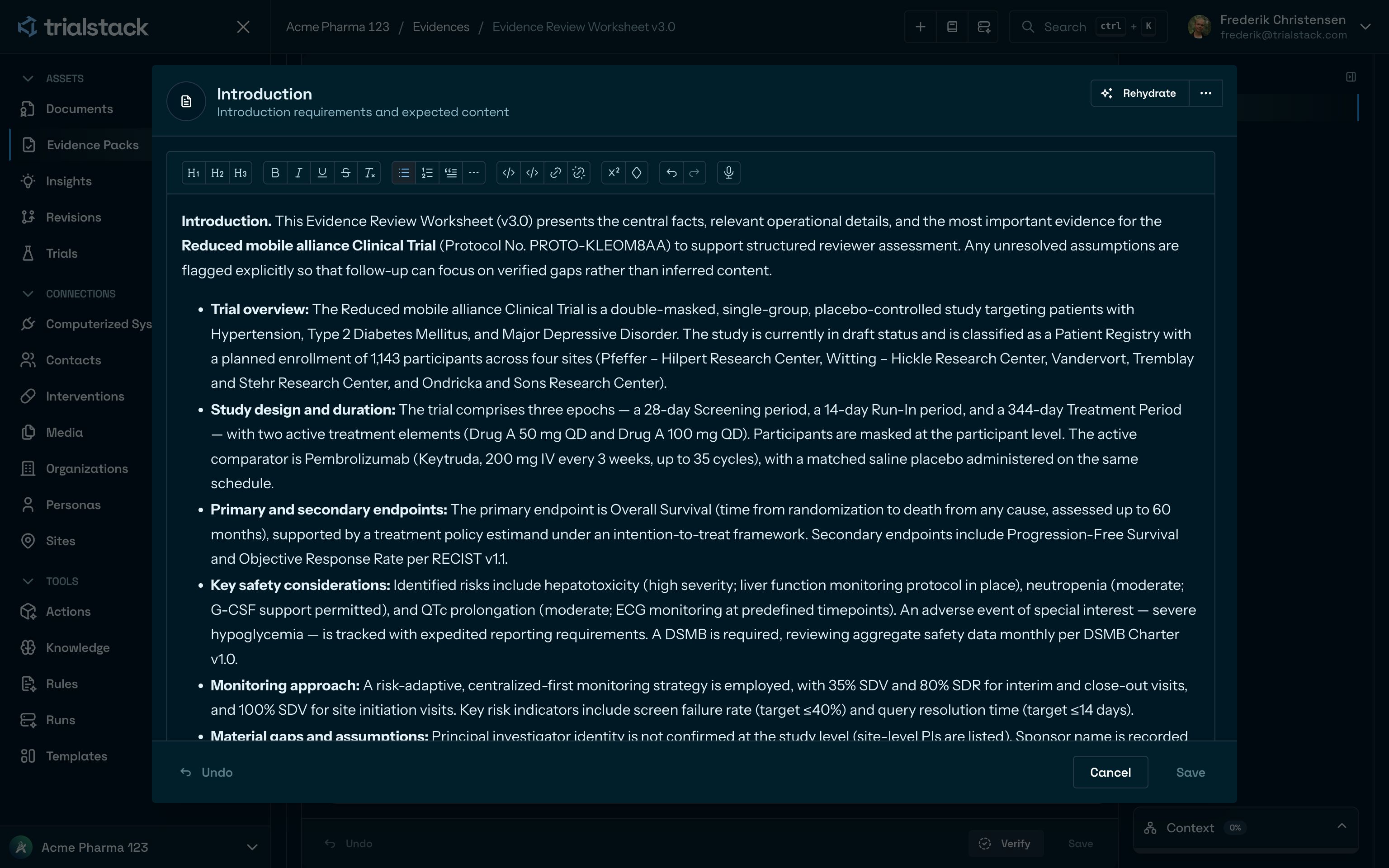 Evidence pack section editor in dark mode.
