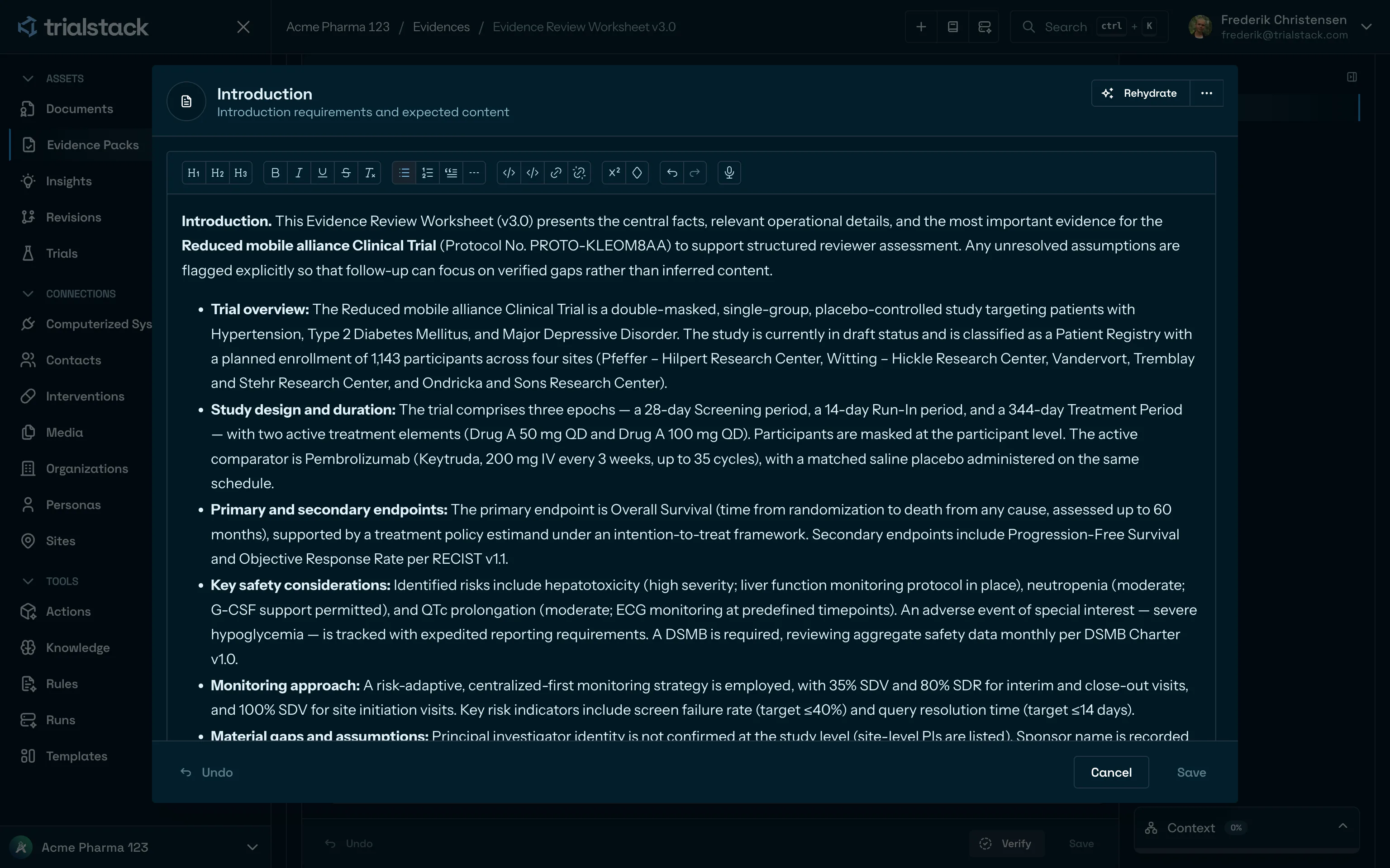 Evidence pack section editor in dark mode.