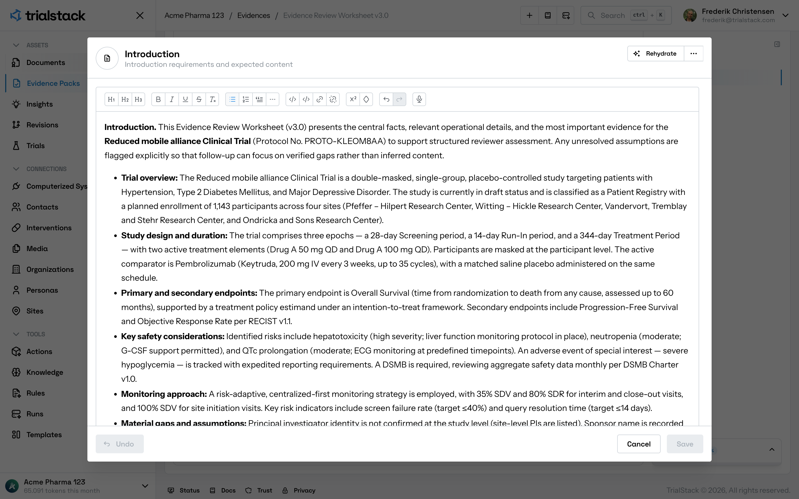Evidence pack section editor in light mode.