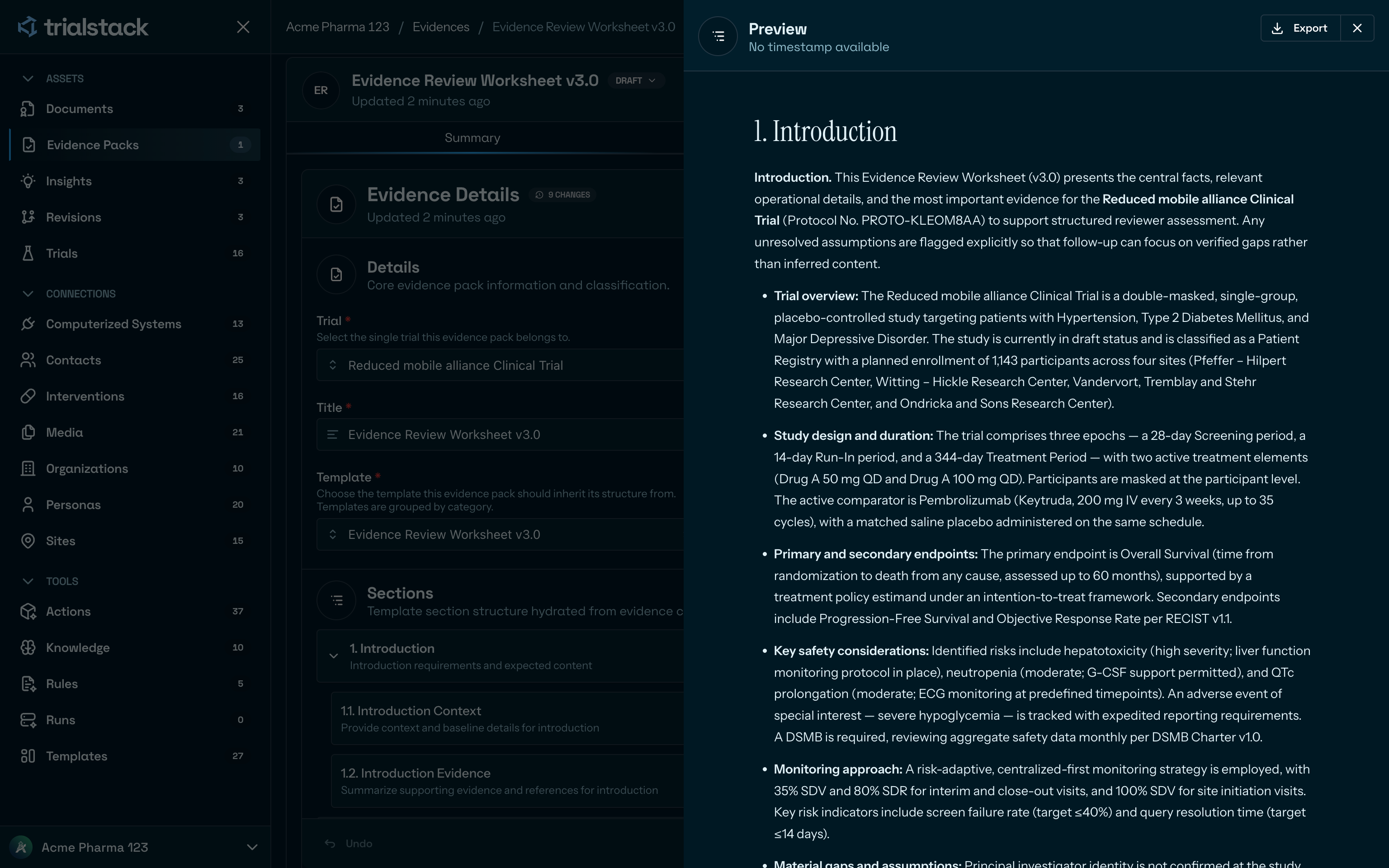 Evidence pack preview drawer in dark mode.