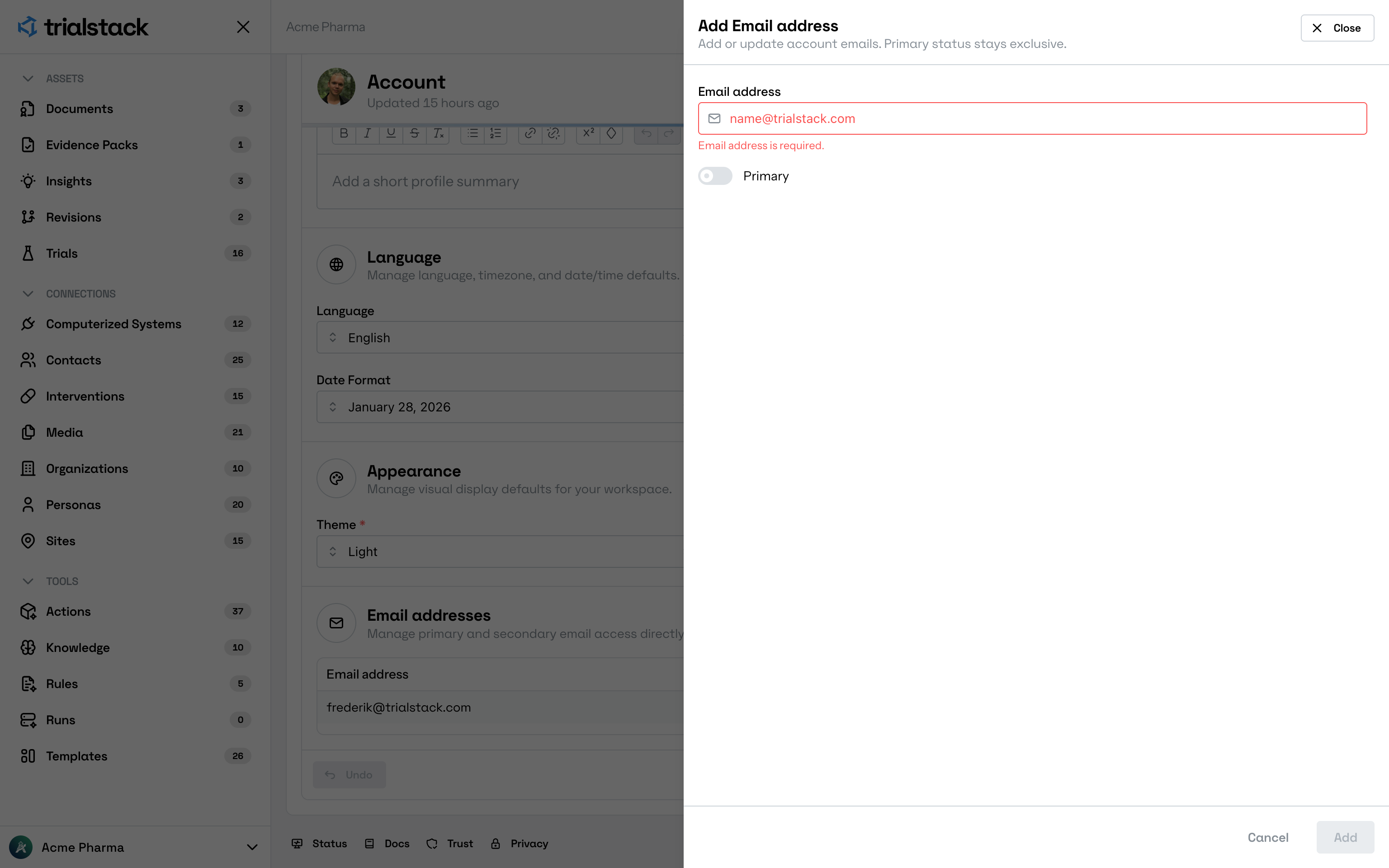 Add email address drawer showing validation feedback.