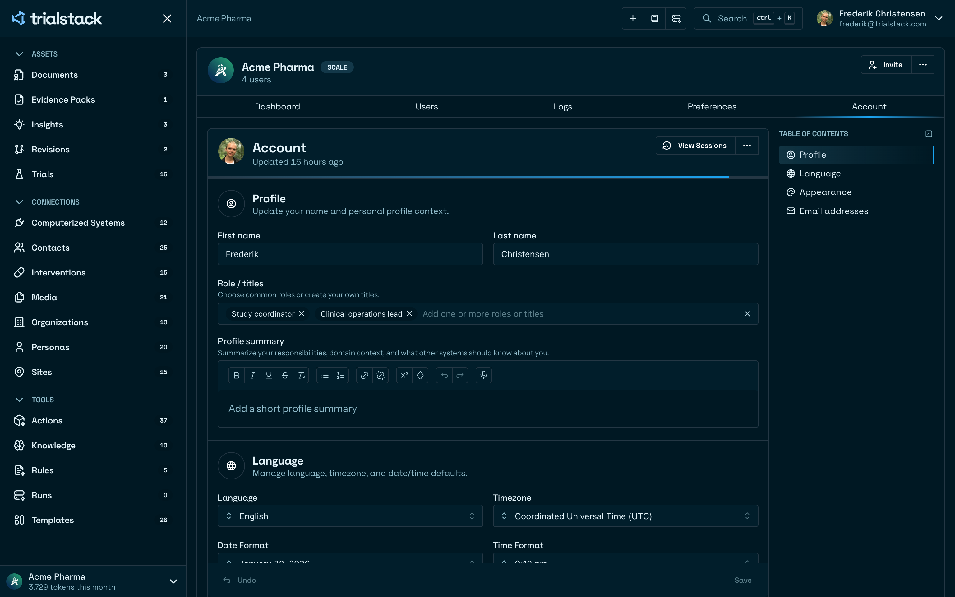 Account page showing profile, language, appearance, and email address settings.