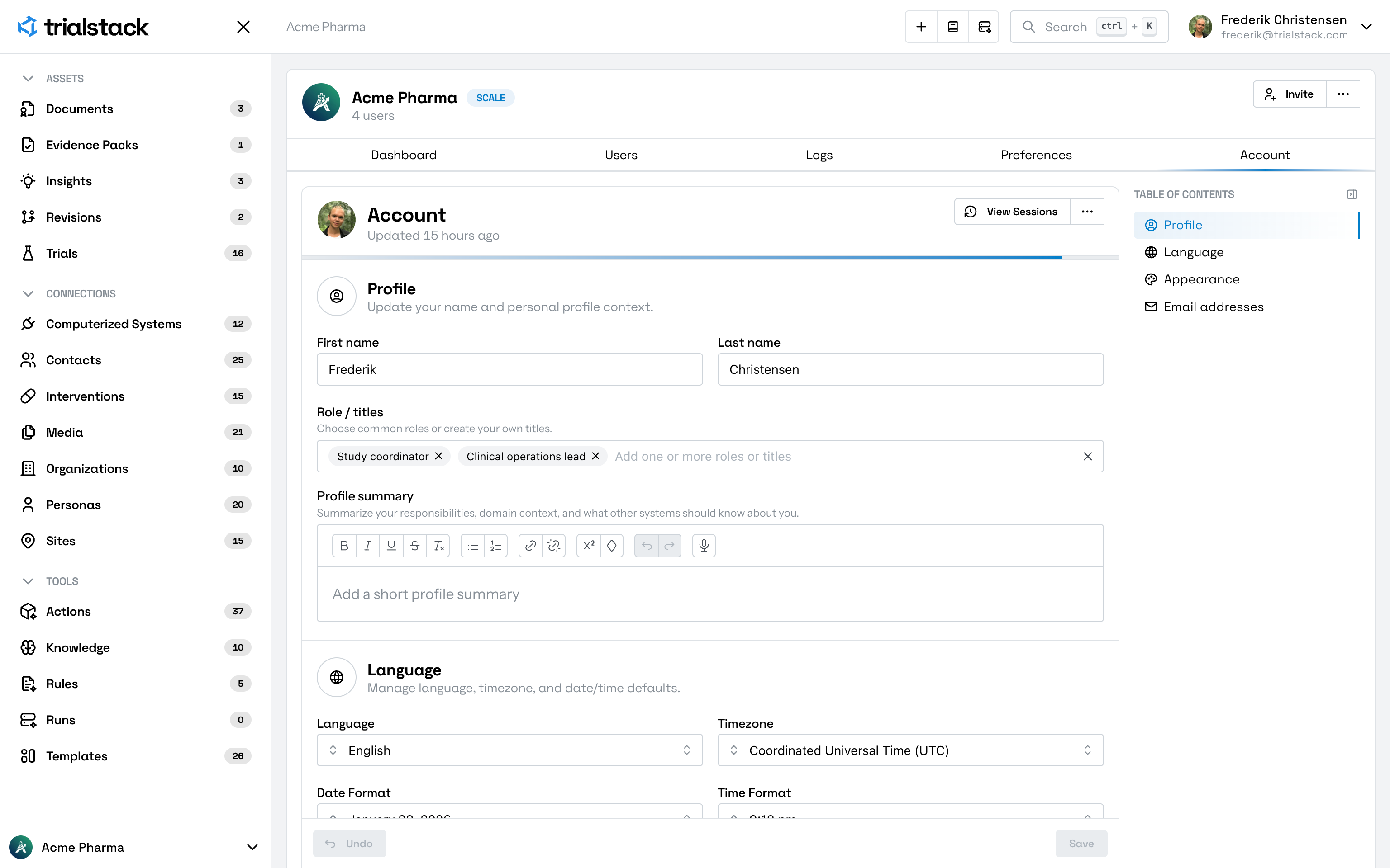 Account page showing profile, language, appearance, and email address settings.