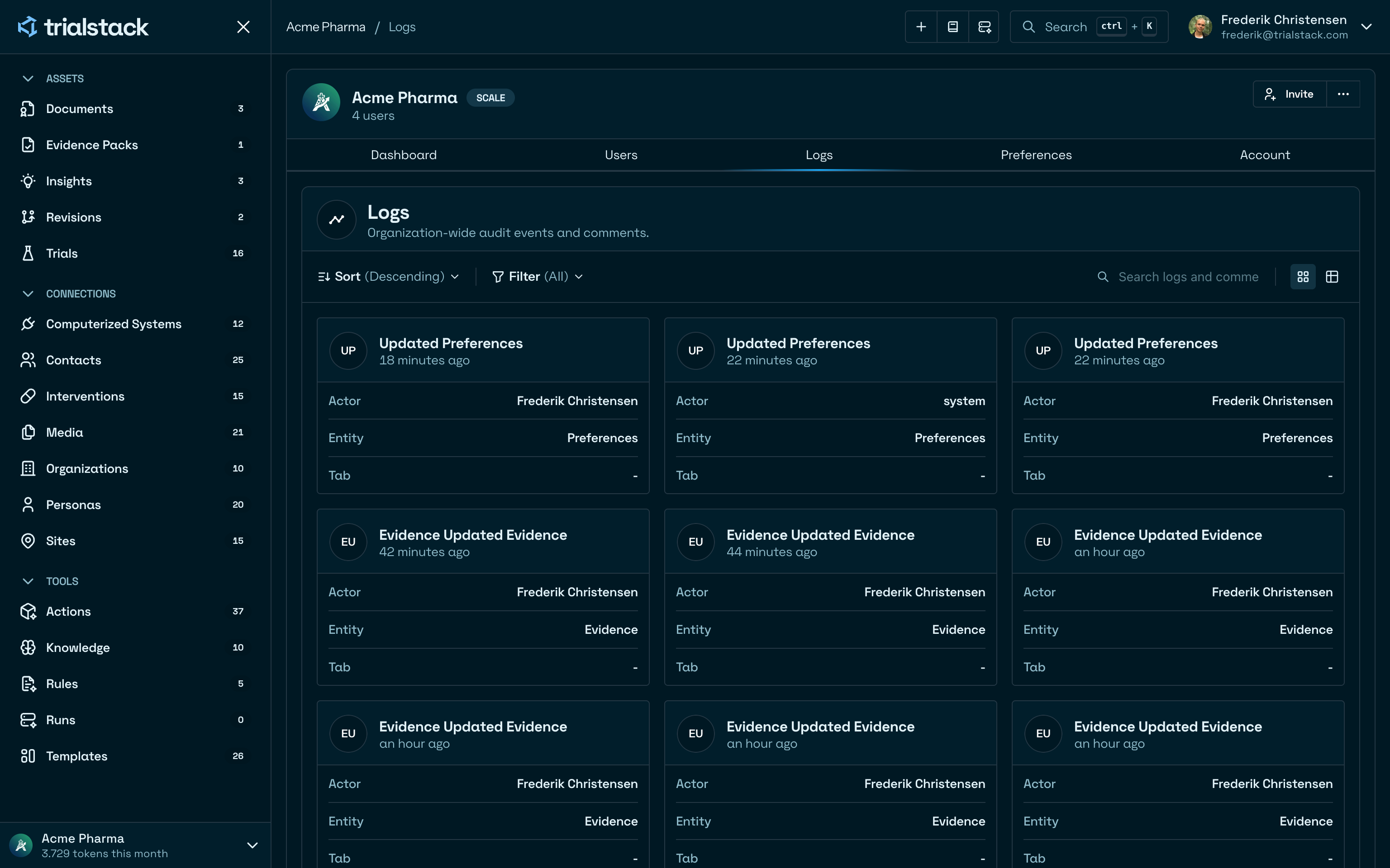 Logs page showing organization-wide activity cards and filters.