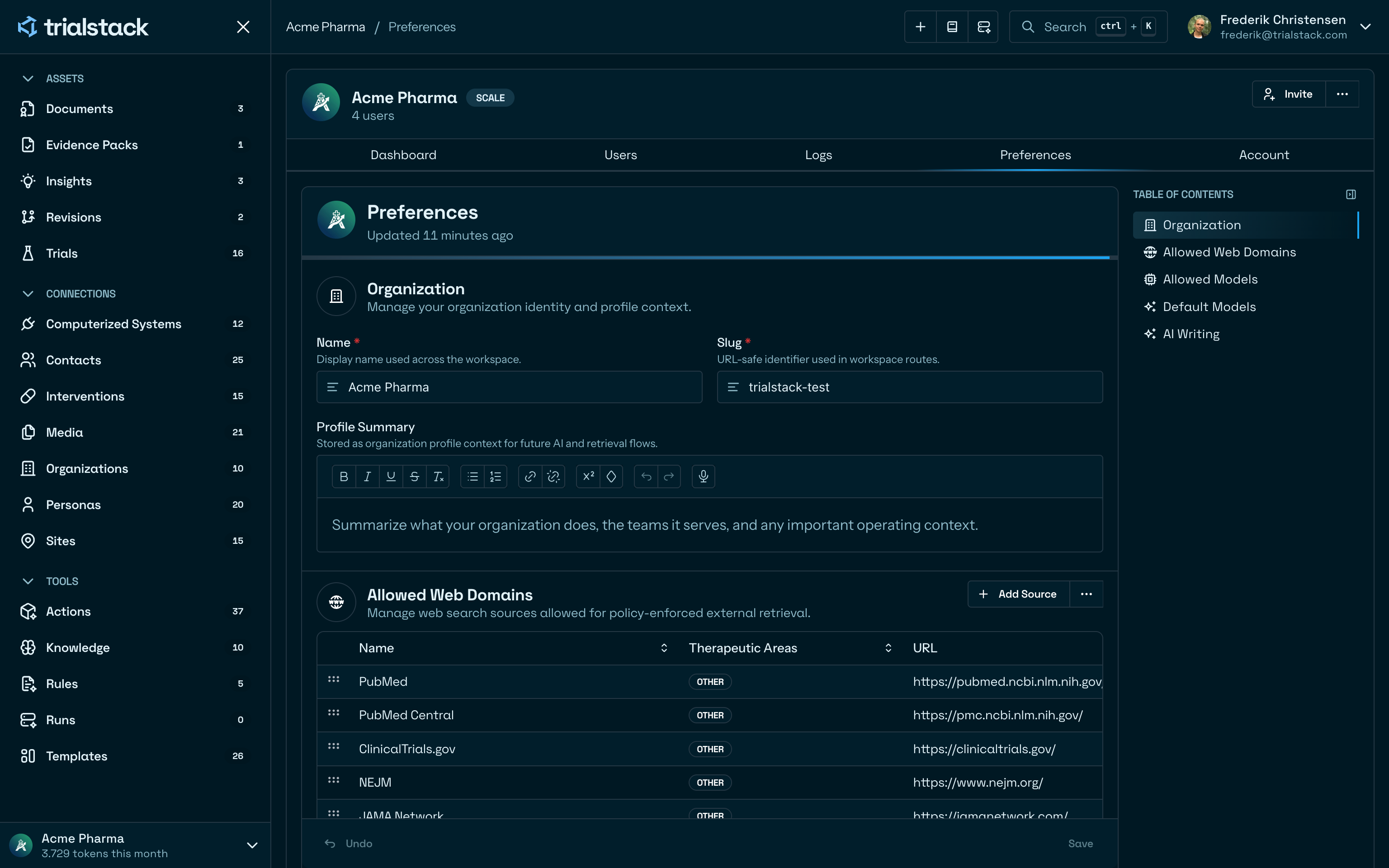 Preferences page showing organization settings, allowed web domains, and allowed models.