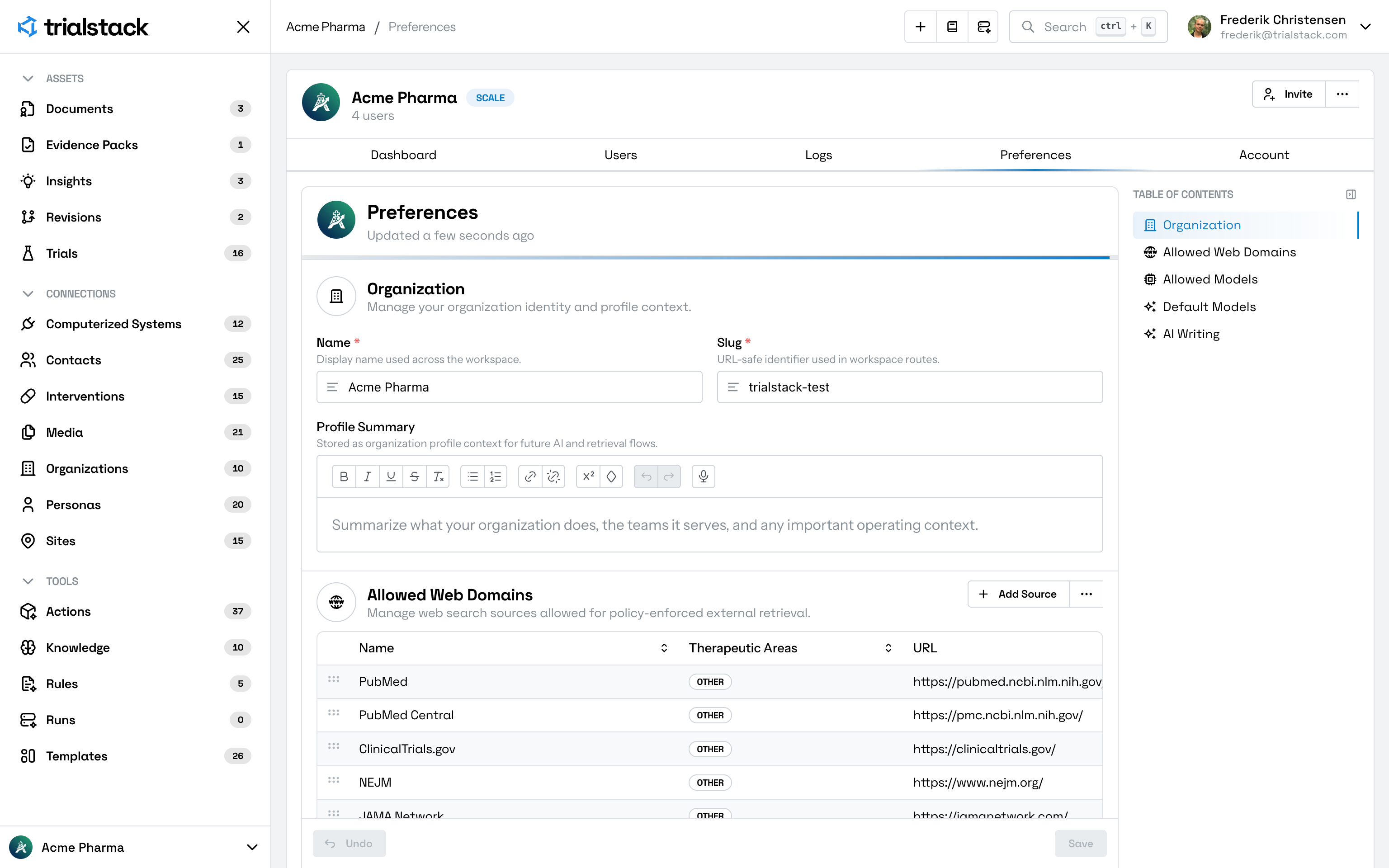 Preferences page showing organization settings, allowed web domains, and allowed models.