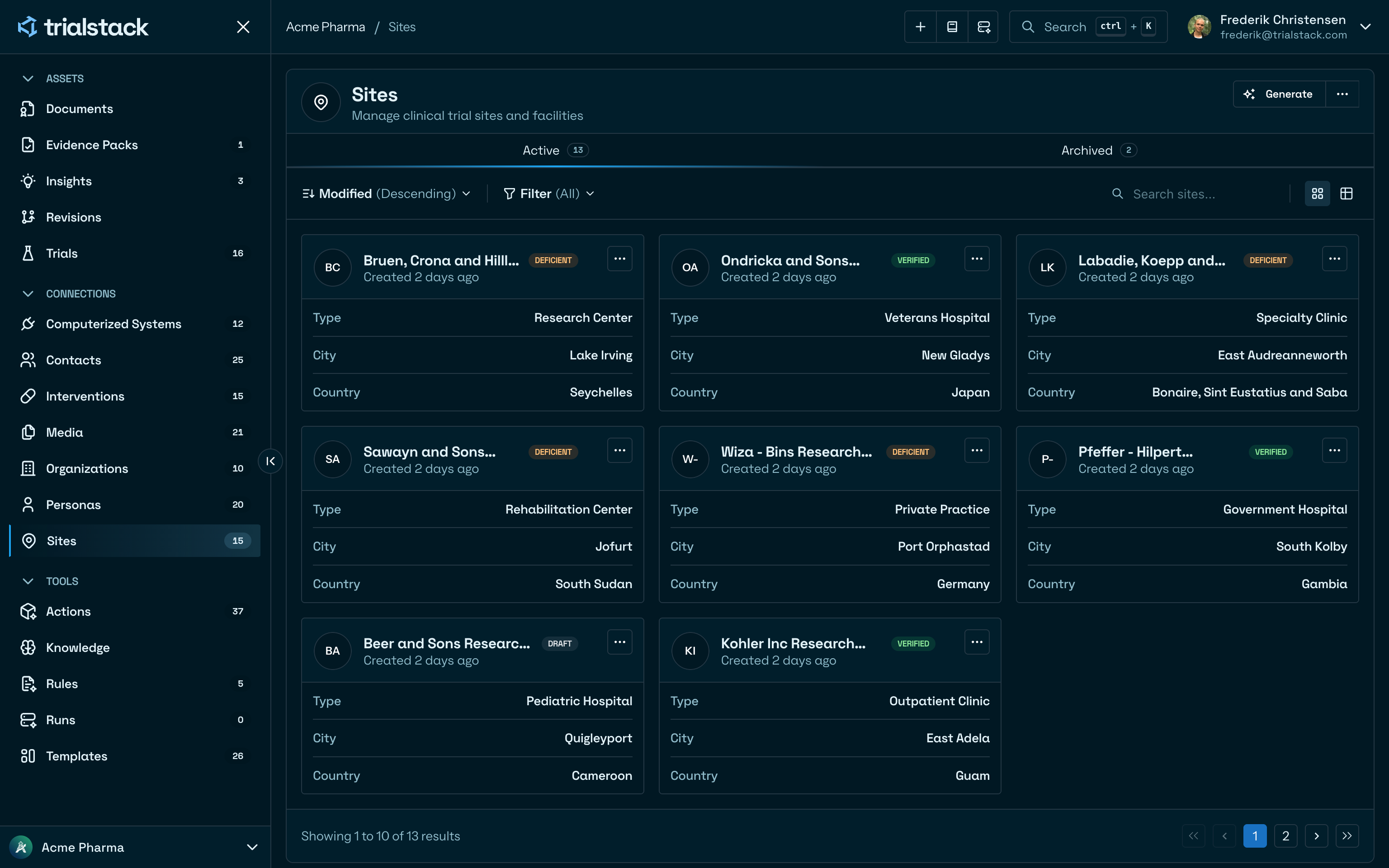 Site summary page showing the section-based site record with tabs for trials, contacts, and media.