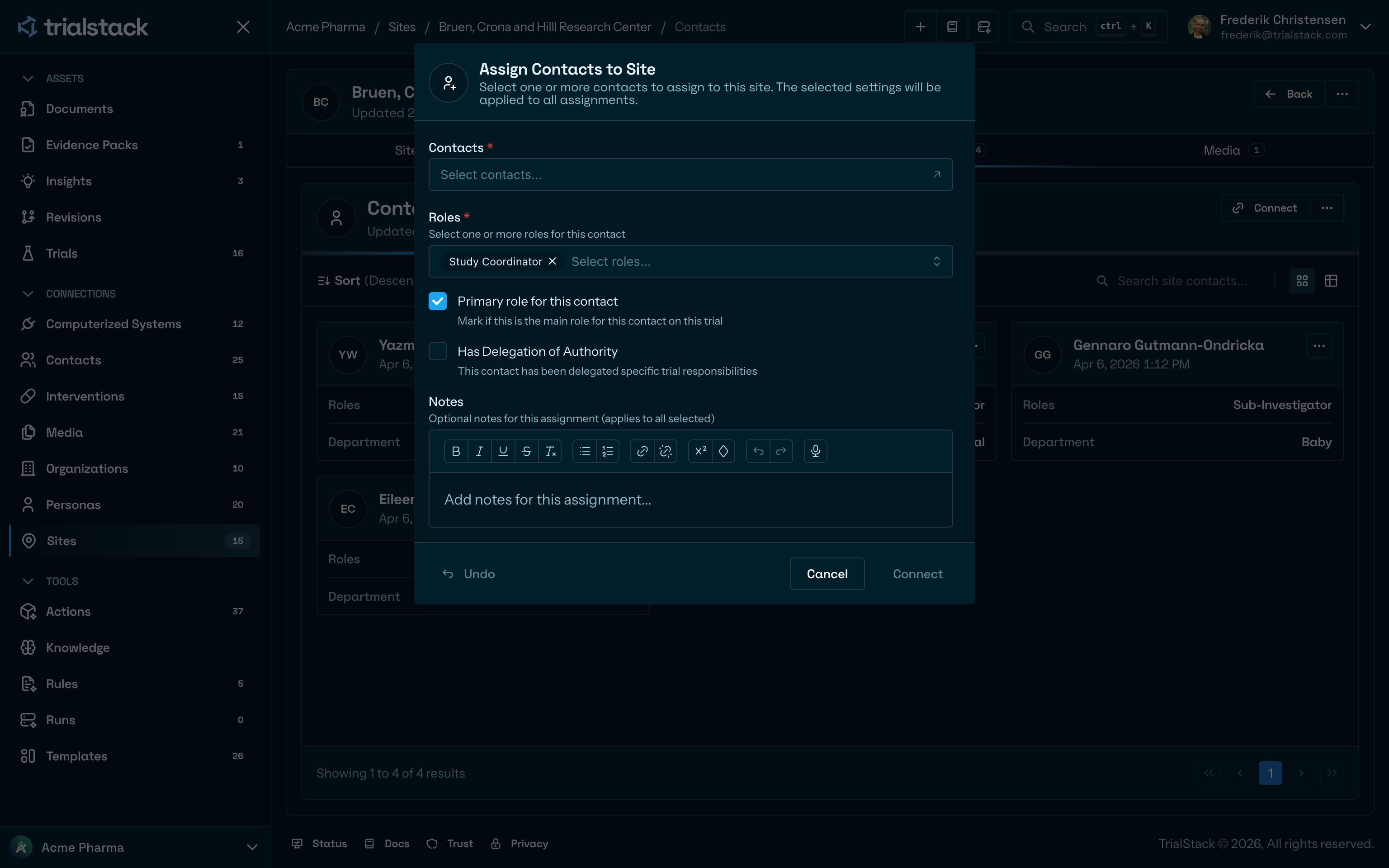 Assign contacts to site dialog in dark mode.