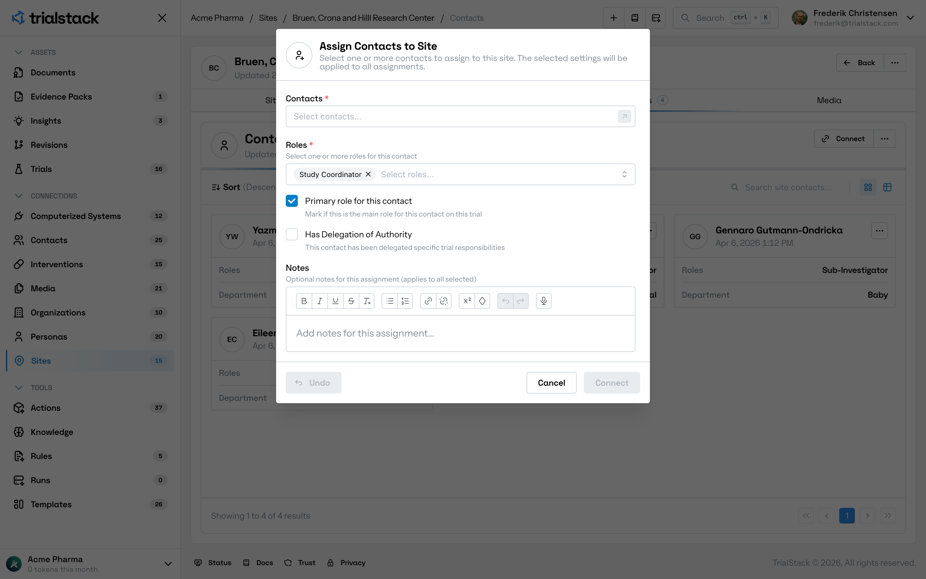 Assign contacts to site dialog in light mode.