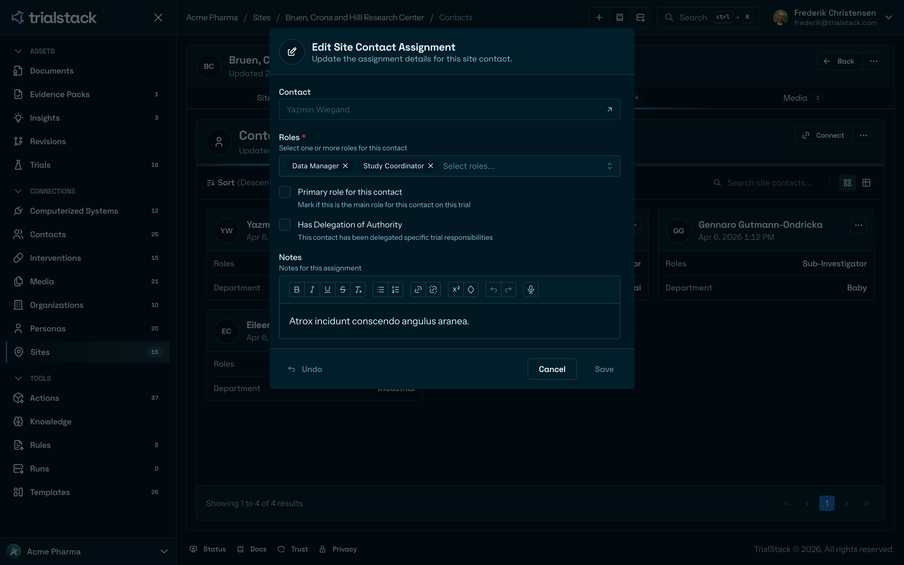 Edit site contact assignment dialog in dark mode.