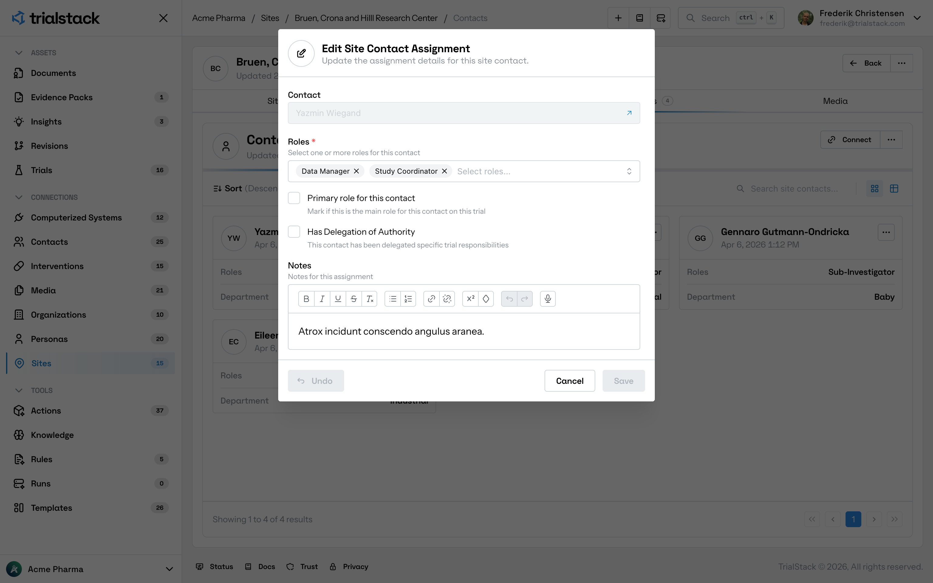 Edit site contact assignment dialog in light mode.