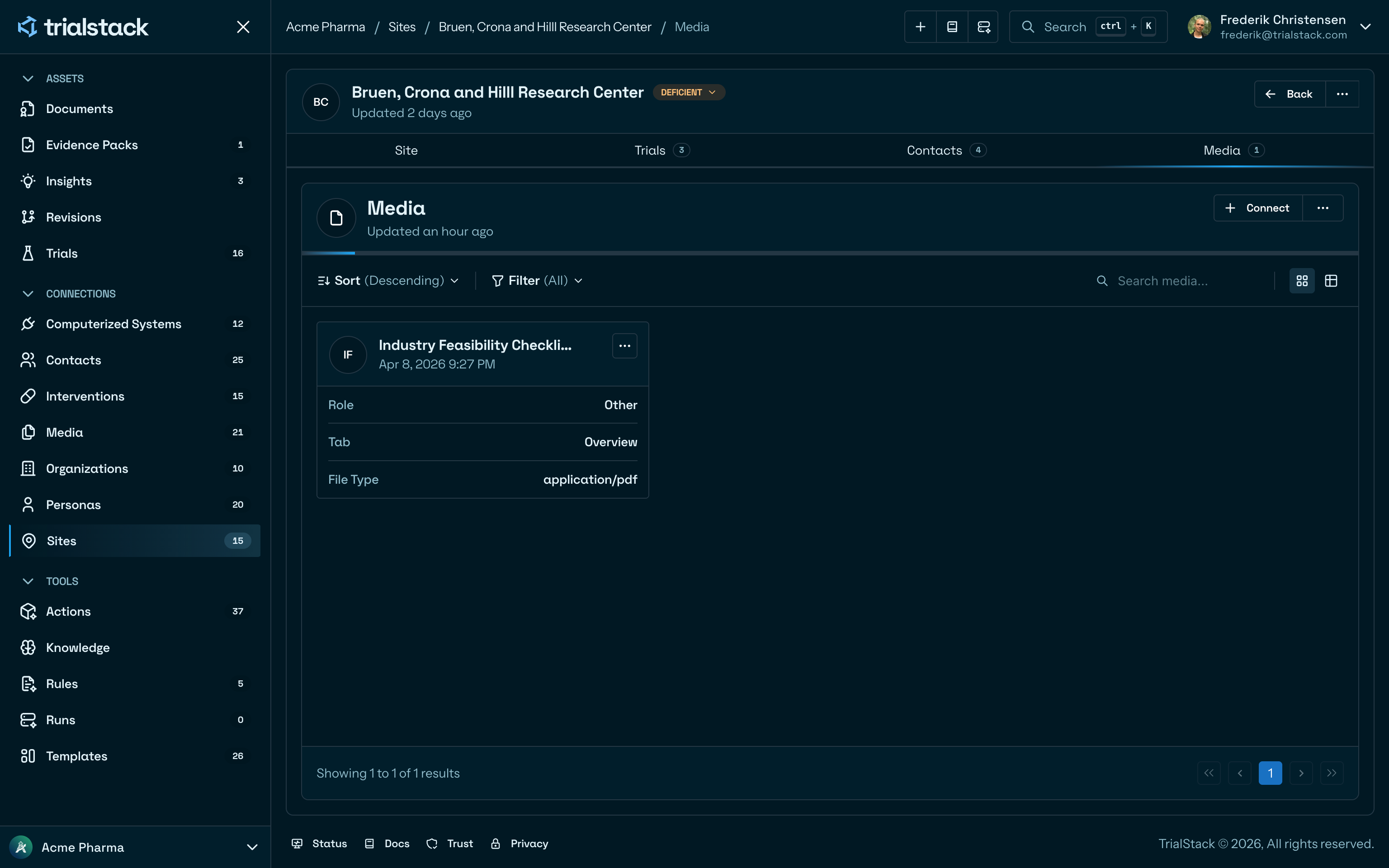 Site media tab showing files attached to a site with role, tab, and file type columns.