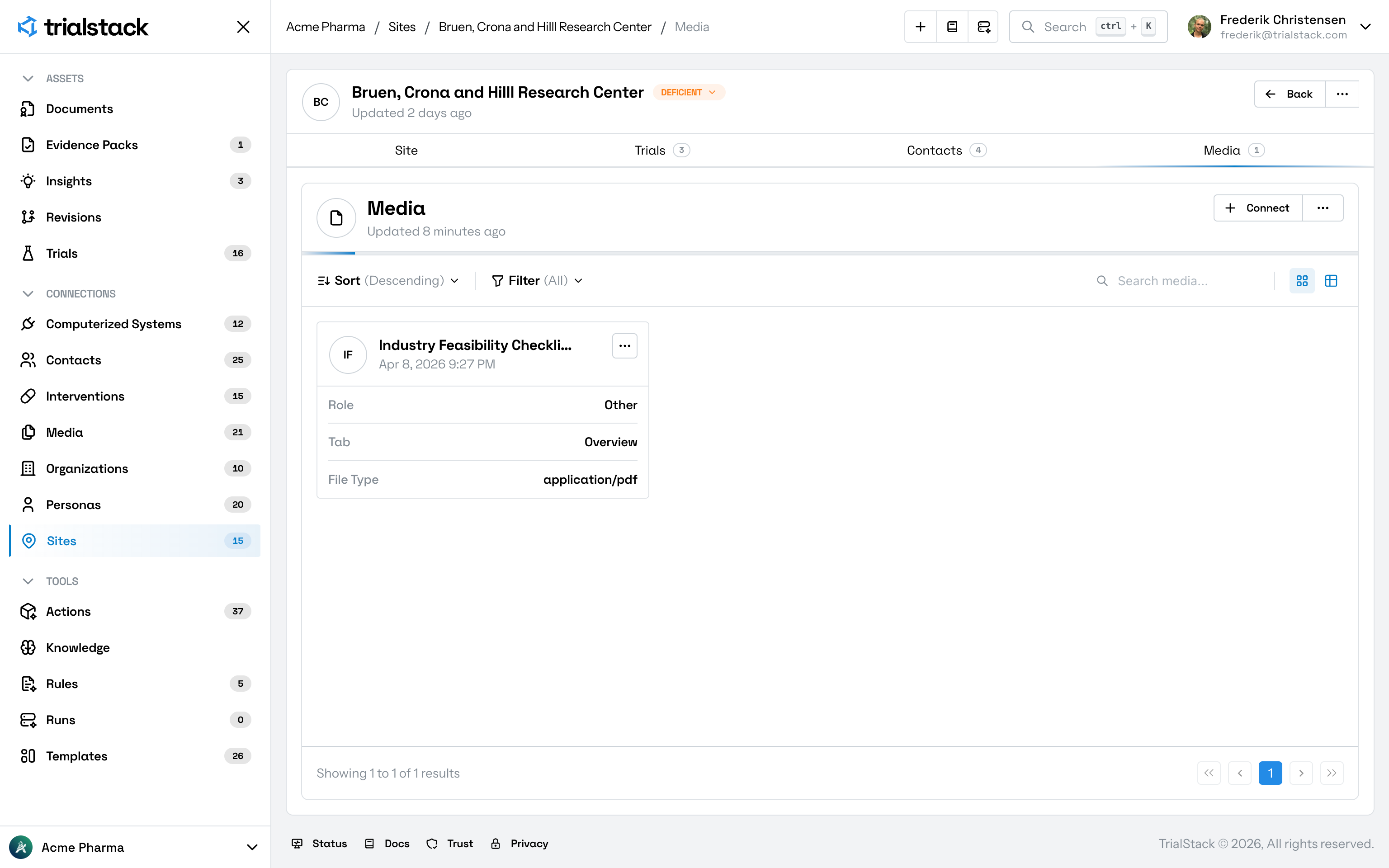 Site media tab showing files attached to a site with role, tab, and file type columns.