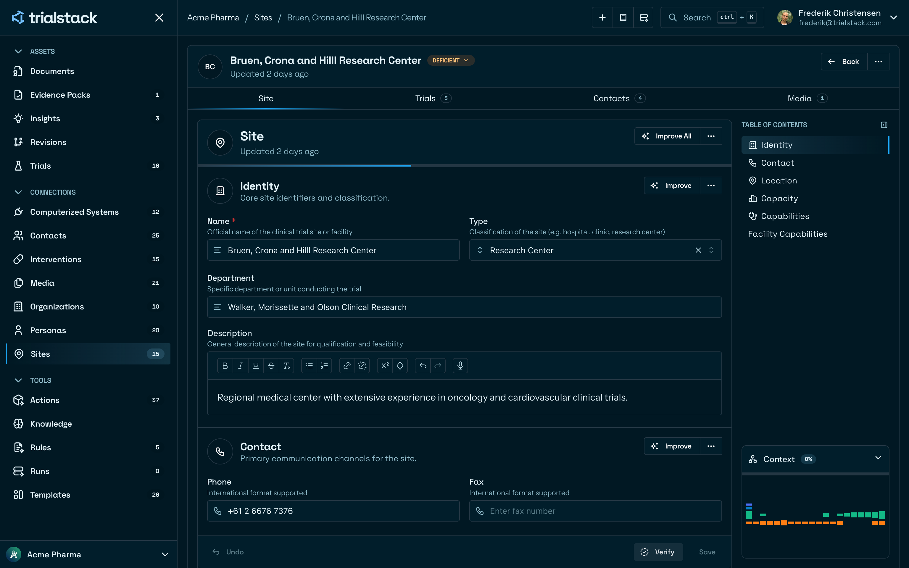 Site summary page showing the site record in dark mode.