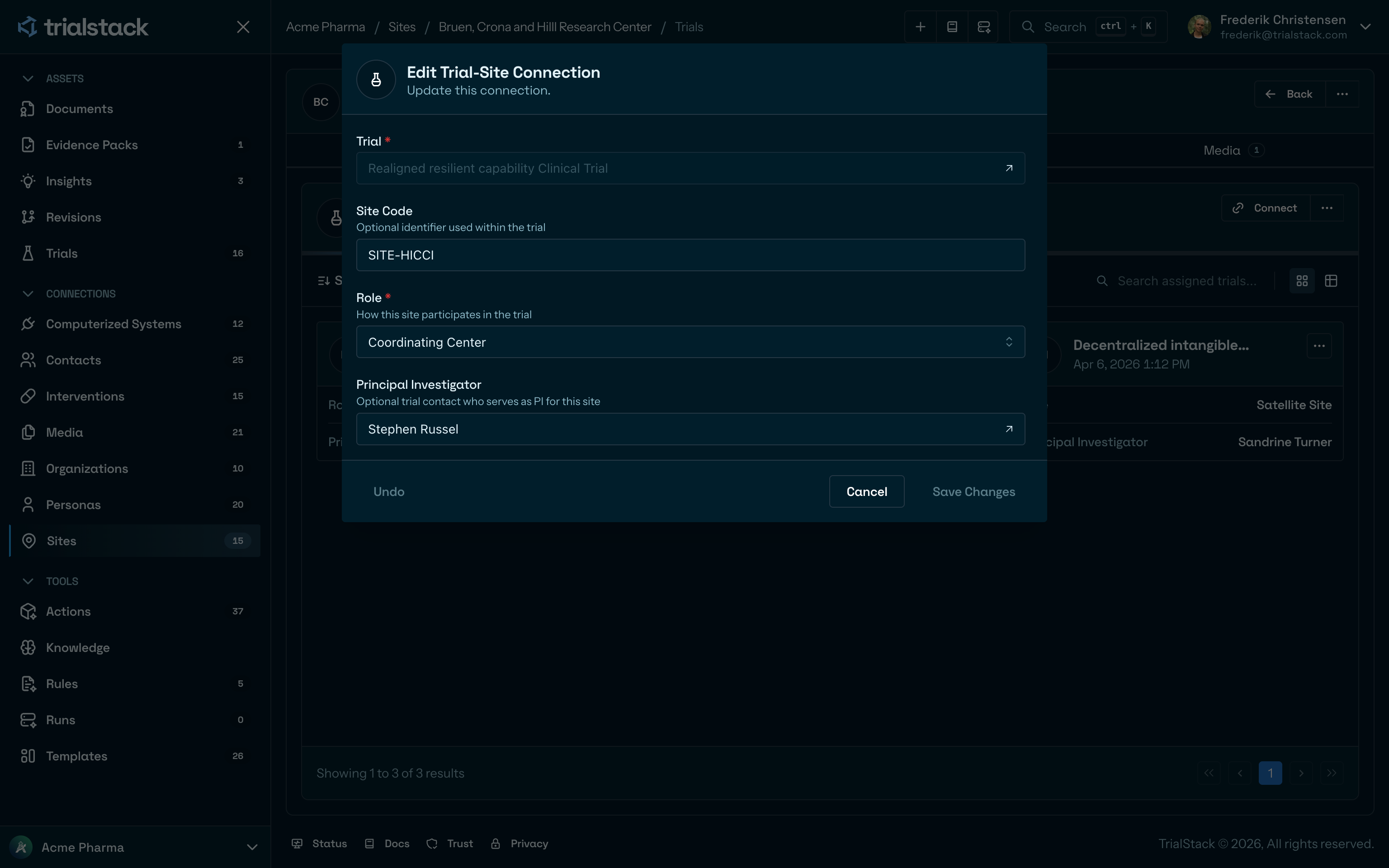 Edit trial-site connection dialog in dark mode.