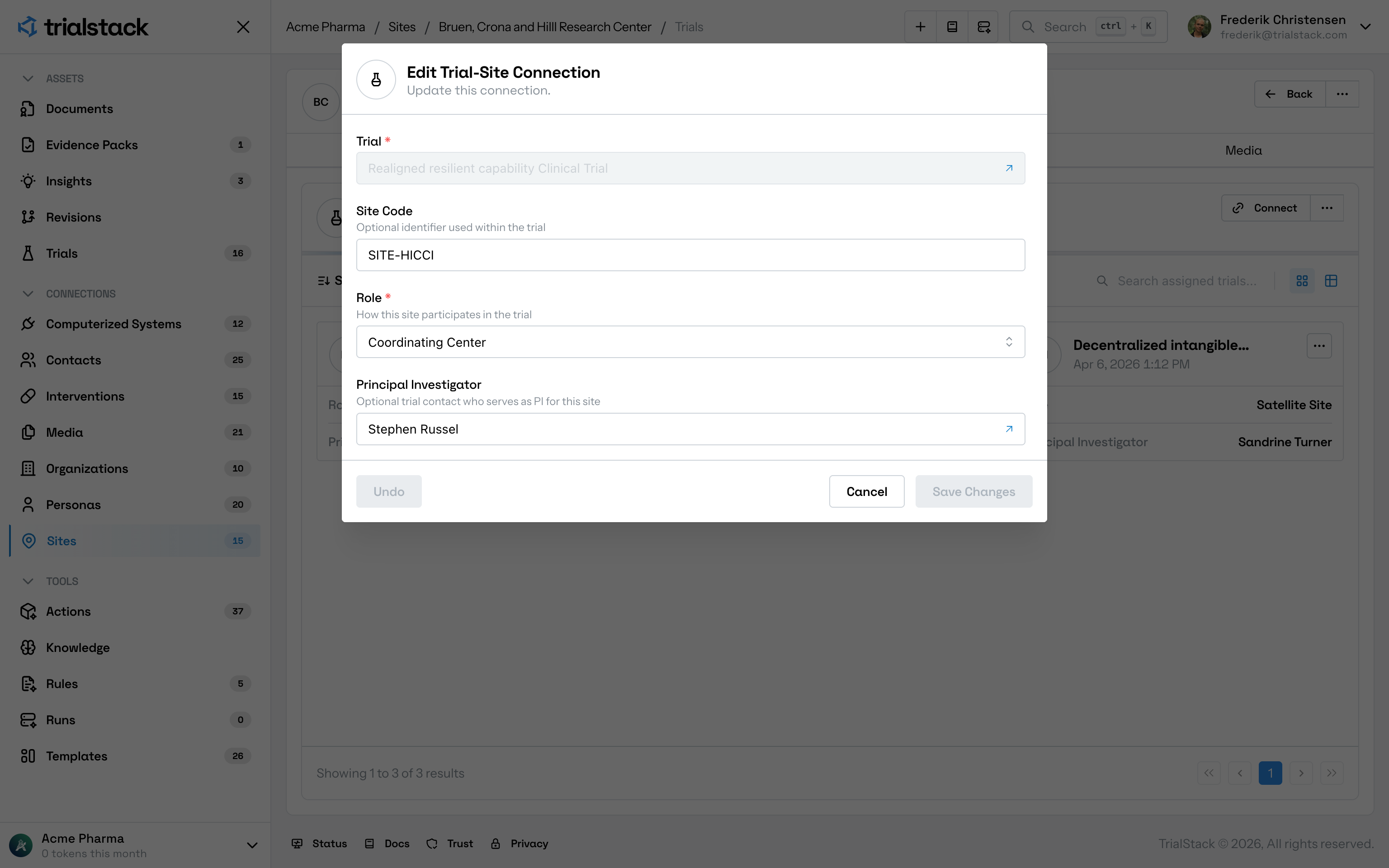 Edit trial-site connection dialog in light mode.