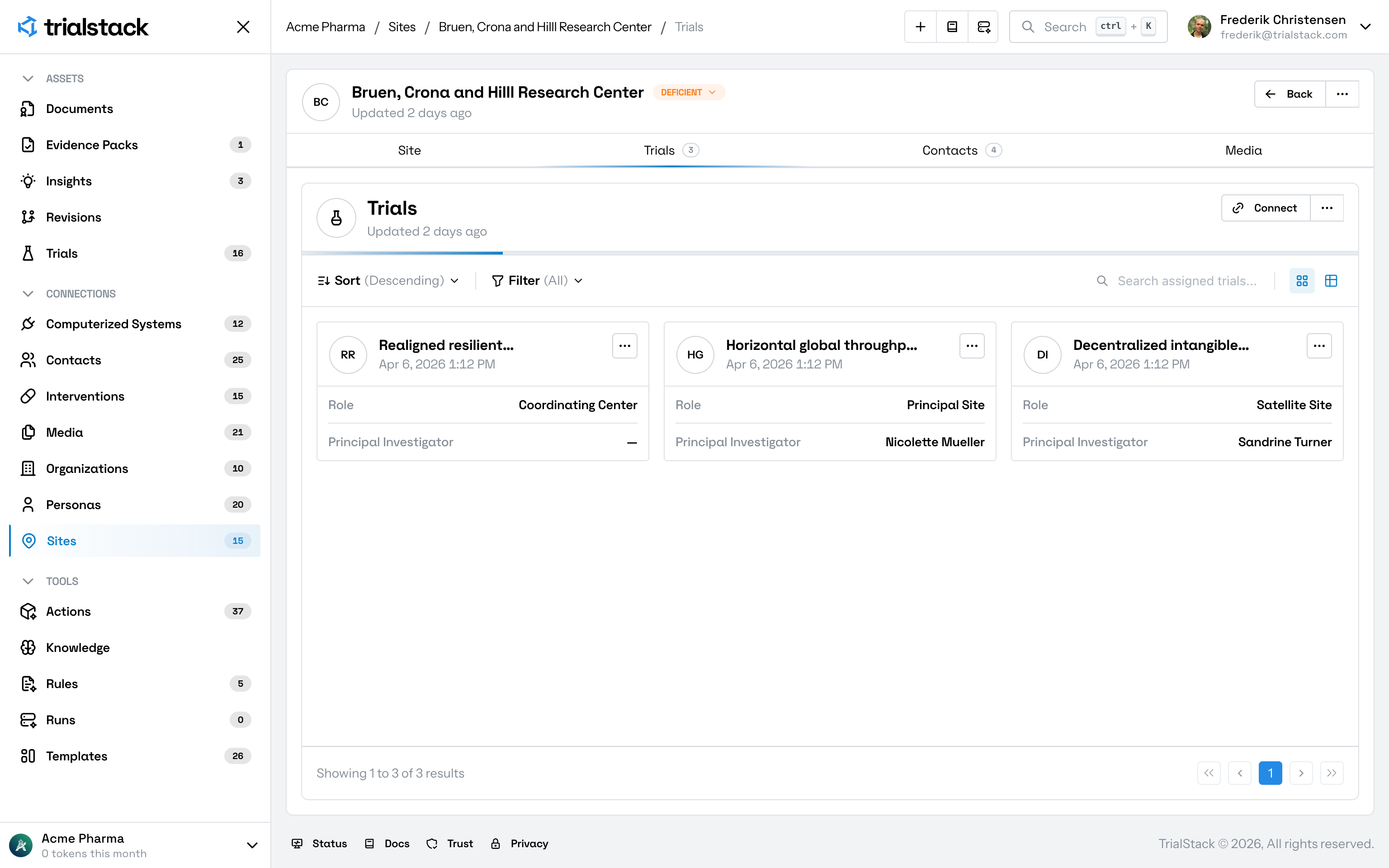 Site trials tab showing connected trials with role and principal investigator details.
