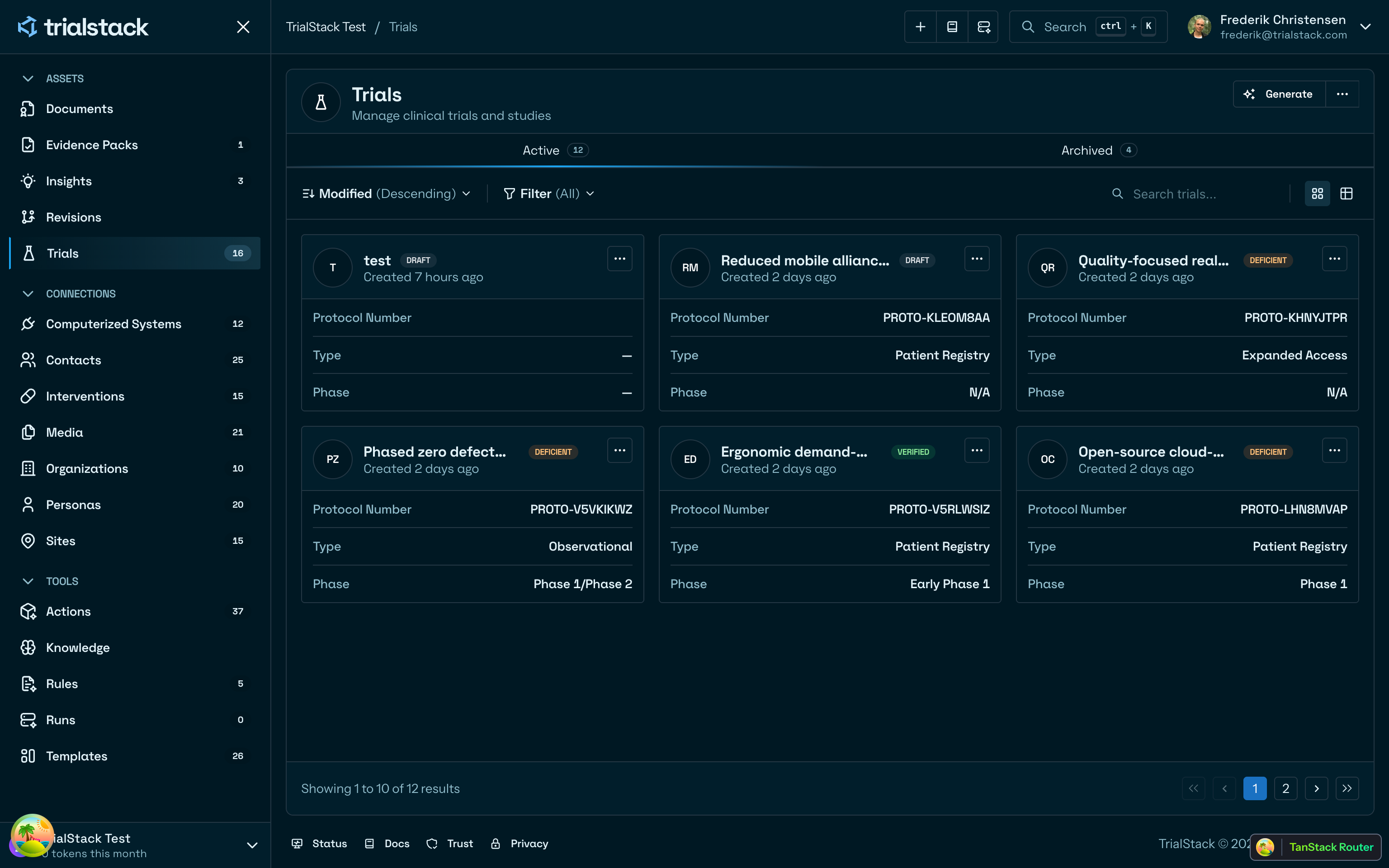 TrialStack dashboard overview showing usage, recent activity, and record navigation.
