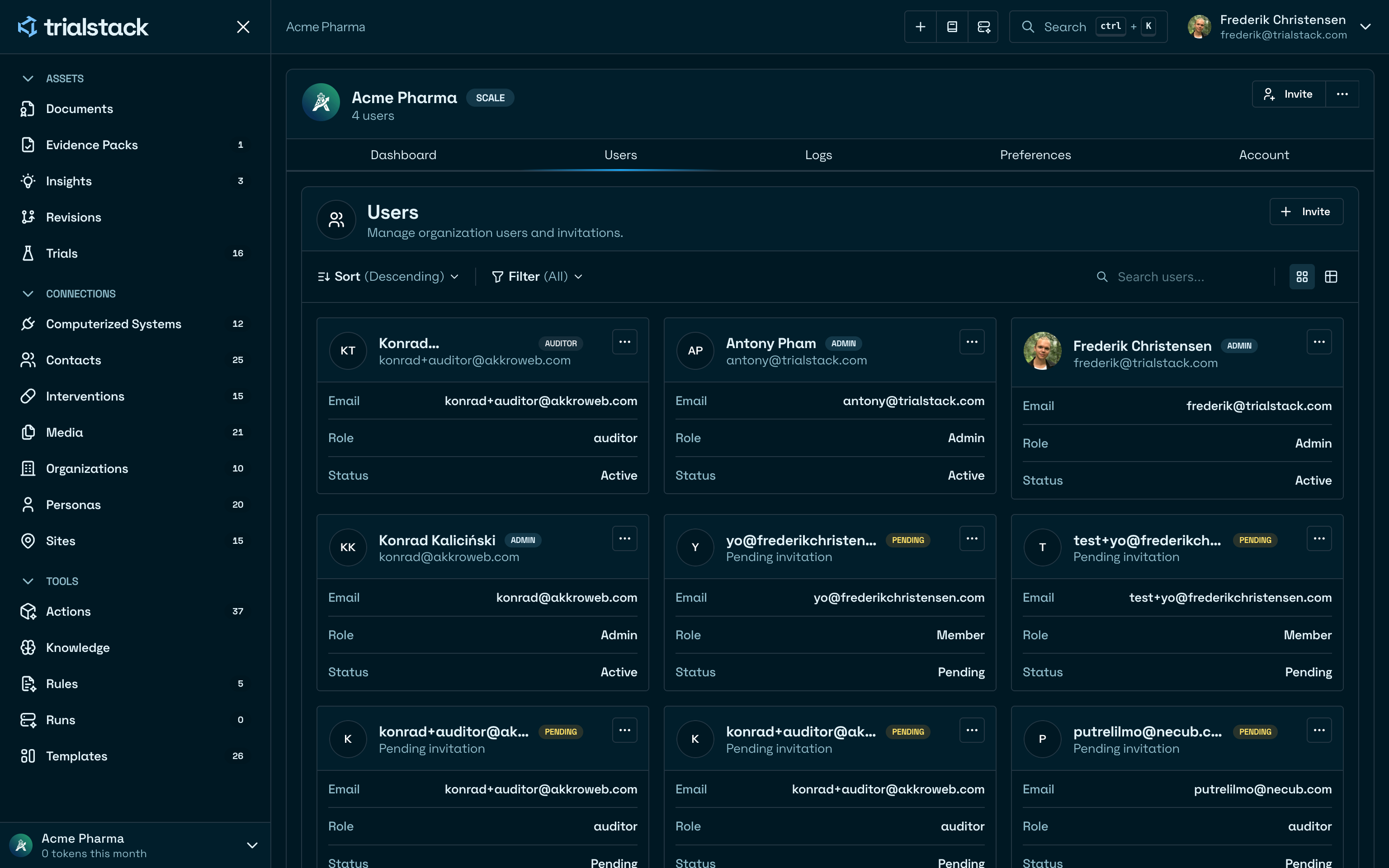 TrialStack users view showing members, roles, and invitations in the workspace.