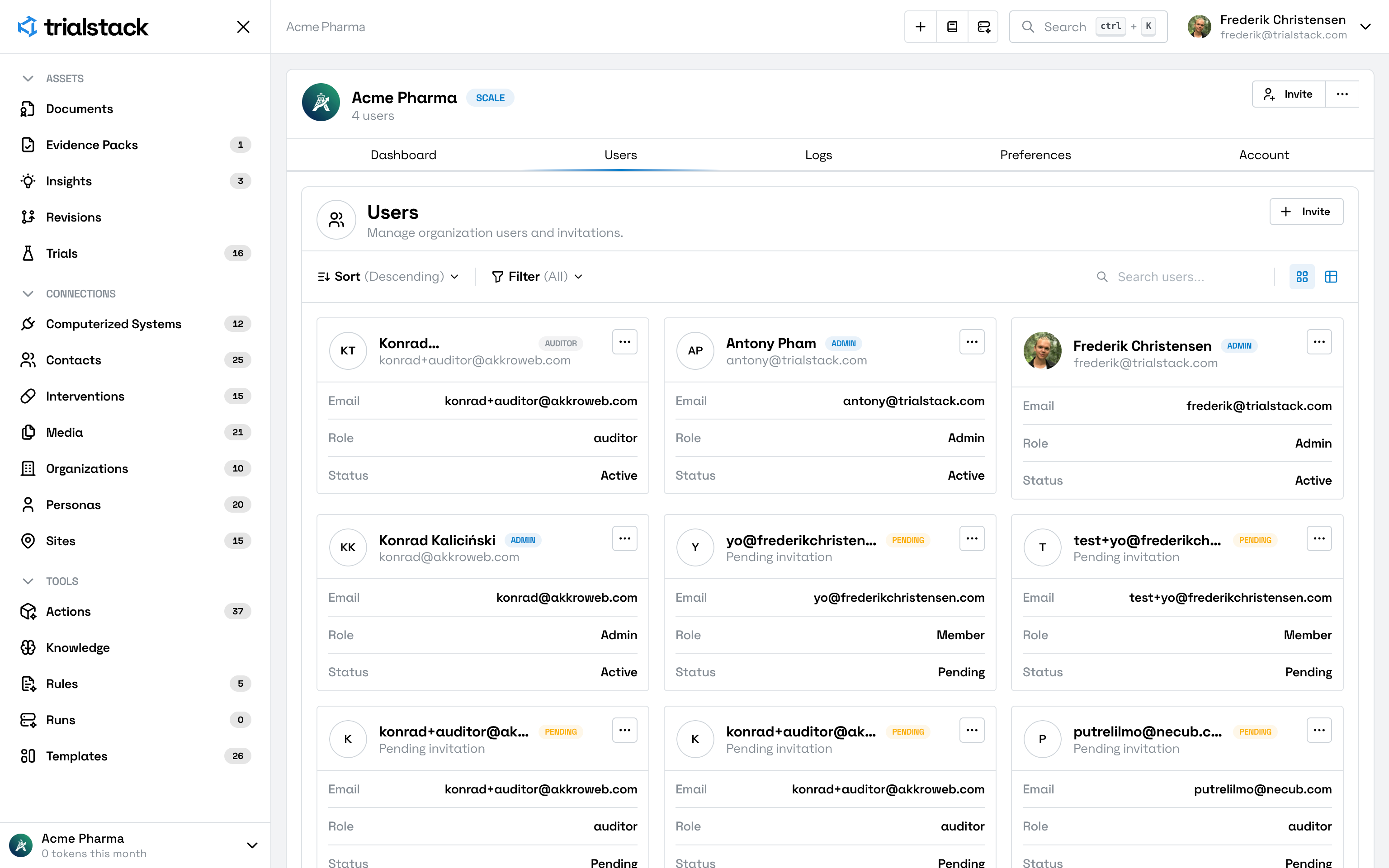 TrialStack users view showing members, roles, and invitations in the workspace.